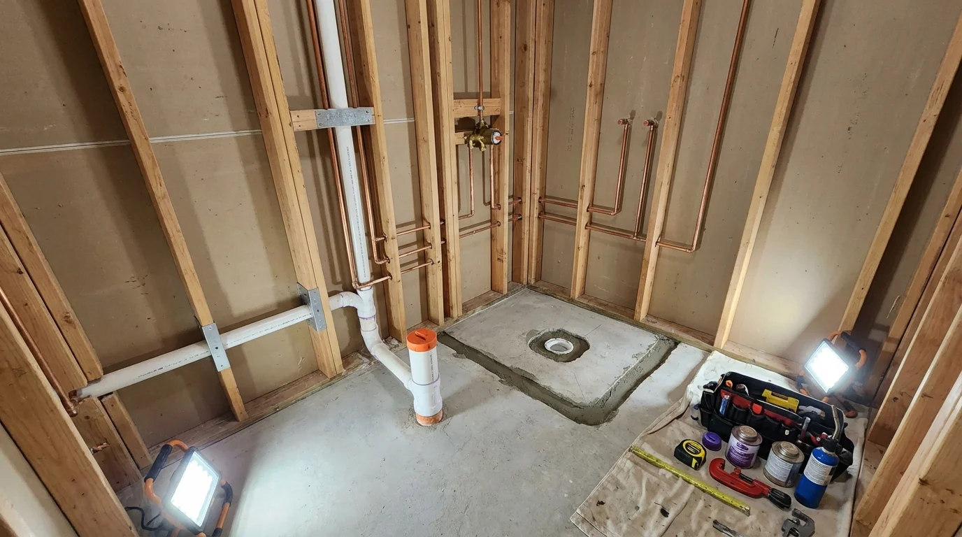 Bathroom rough-in plumbing during remodel by Johns Plumbing LLC in Clymer