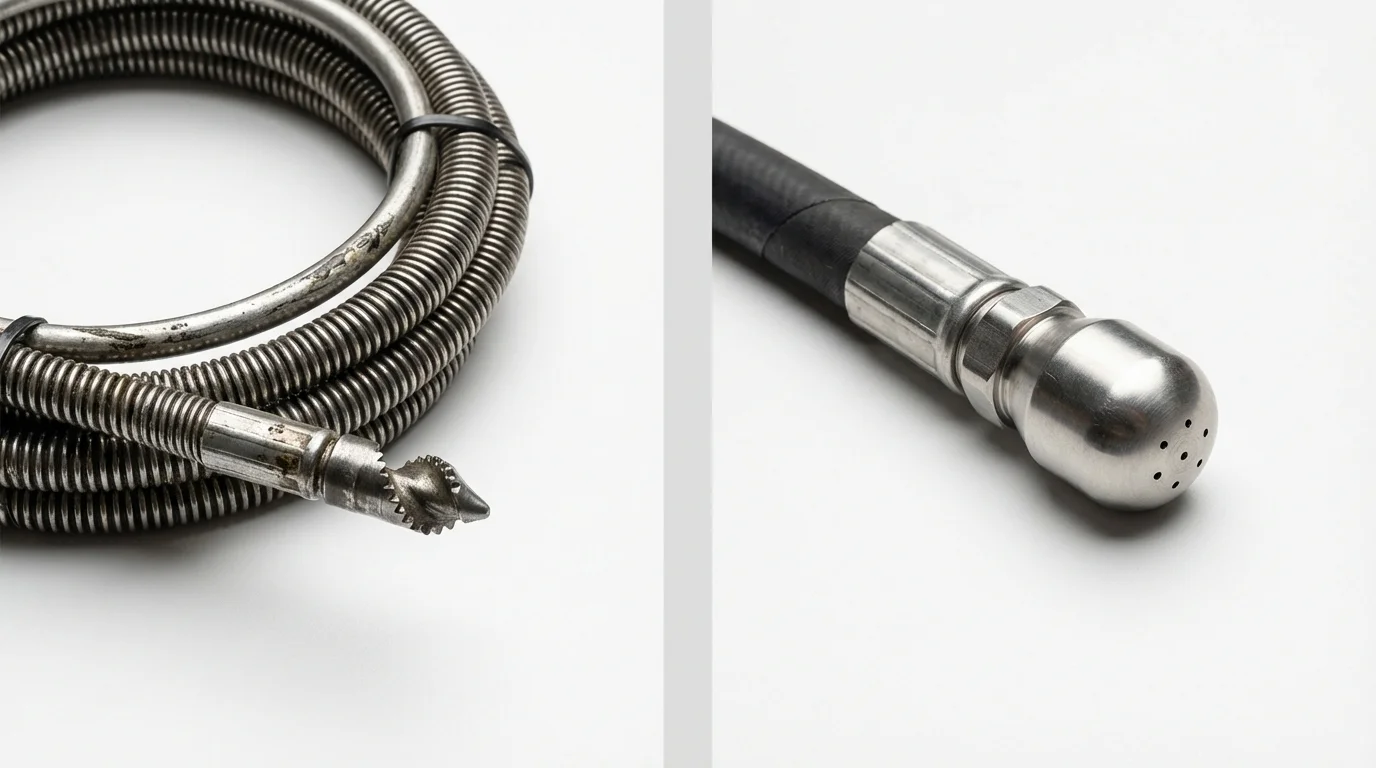 Drain snake cable and hydro jetting nozzle used for drain cleaning in Clymer, NY