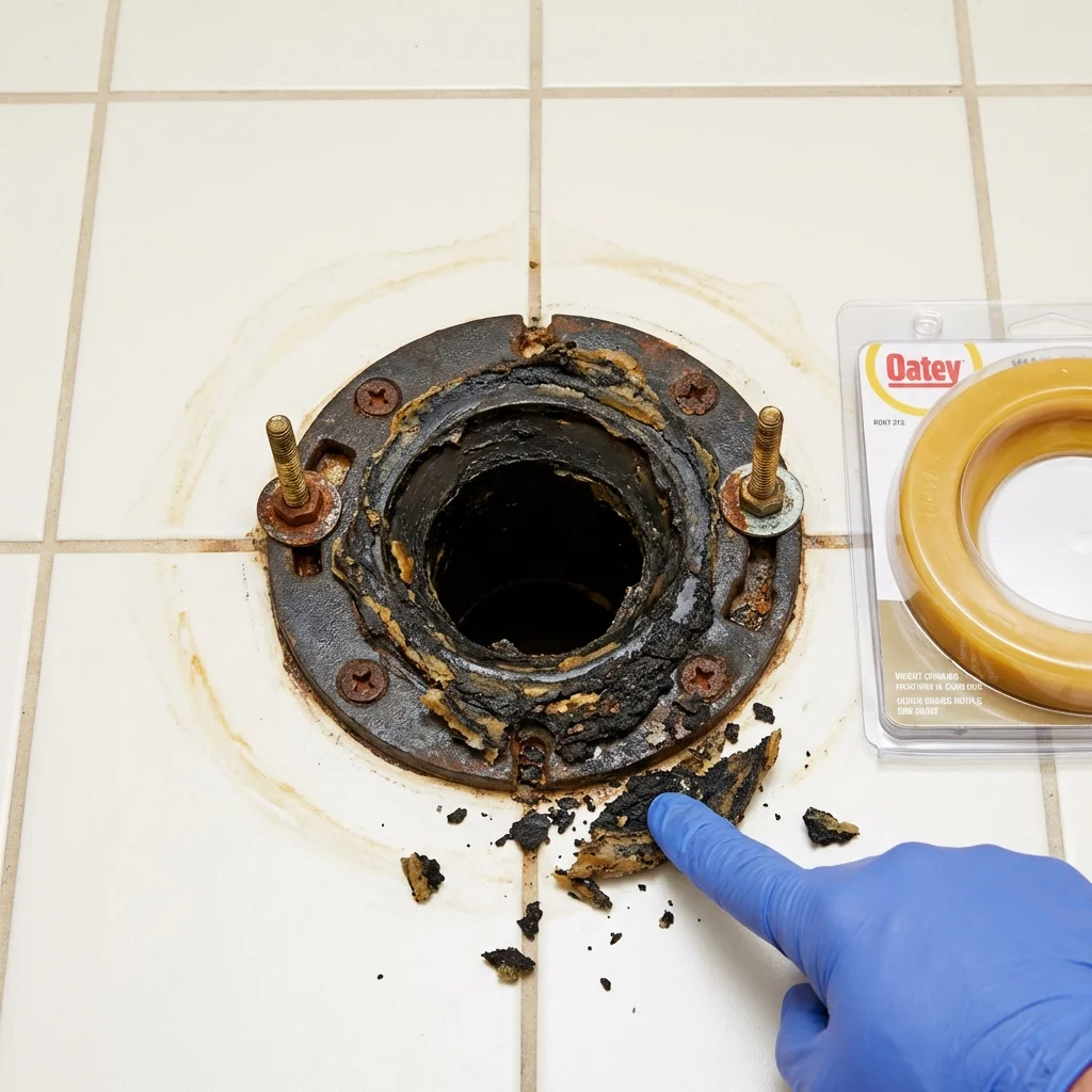 Failed wax ring showing water seepage at the base of a toilet in a Clymer, NY home