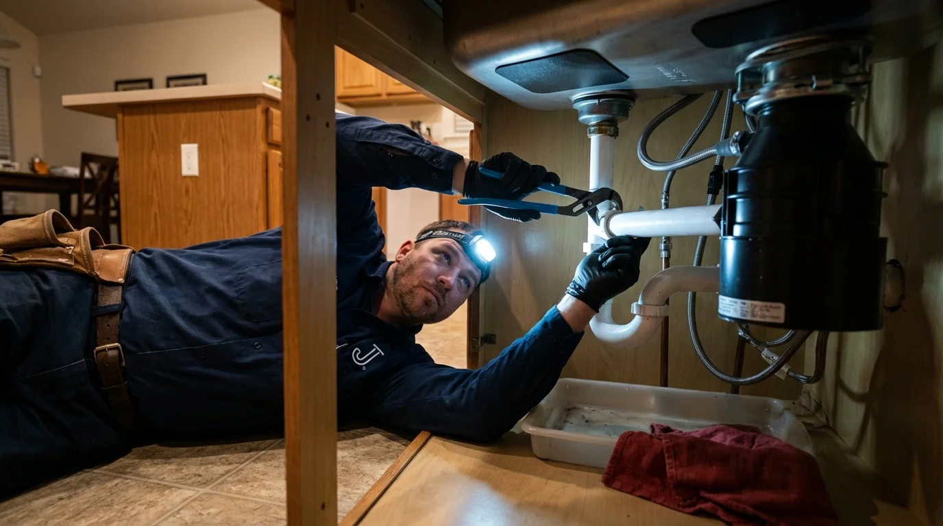 P-trap and supply line connections under a kitchen sink showing a common leak point in Clymer, NY